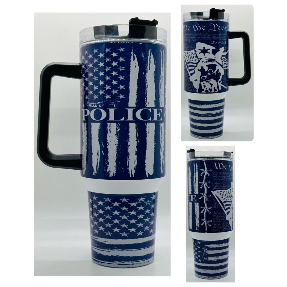 "Police" NEW 40 oz. Stainless Steel Tumbler w/Handle & Straw
